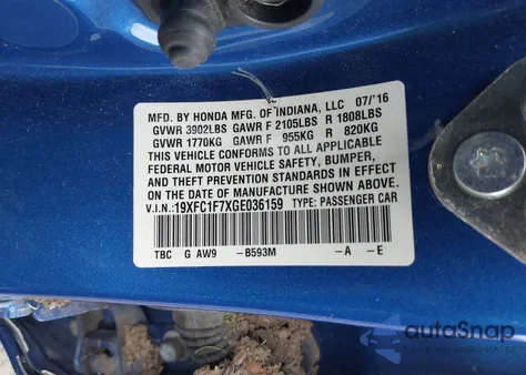 2016 Honda Civic Ex-L из США, поврежденный, VIN 19XFC1F7XGE036159